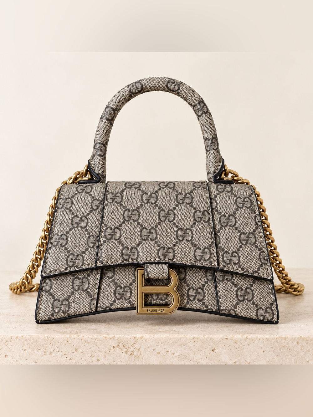 Beige Monogram Top Handle Satchel with Gold Hardware